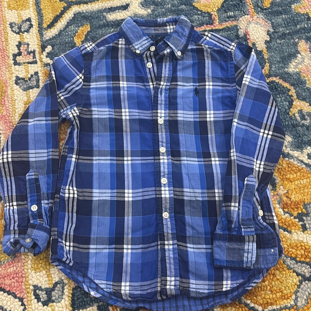 Boys size 8 long sleeve, plaid, polo shirt